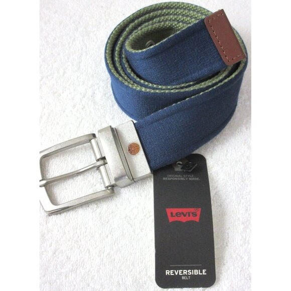 Levi's Men's Reversible Canvas Belt Navy Blue Olive Green Metal Logo Buckle NWT - Picture 4 of 4